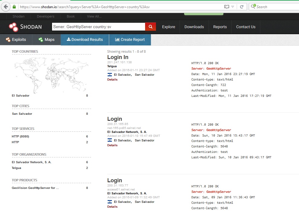 Resultados de búsqueda de Shodan