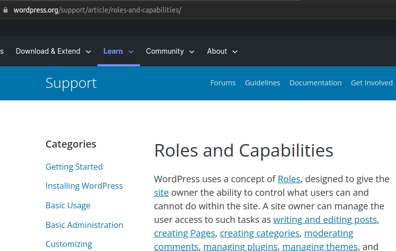 Captura de pantalla de la web de soporte de Wordpress.org sobre Roles