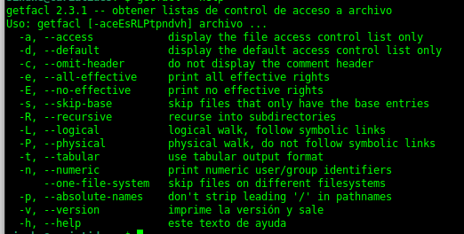 Captura de pantalla de la ayuda del comando getacl
