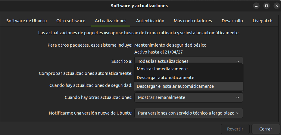 Captura de pantalla de la ventana de configuración de actualizaciones de Ubuntu 22.04